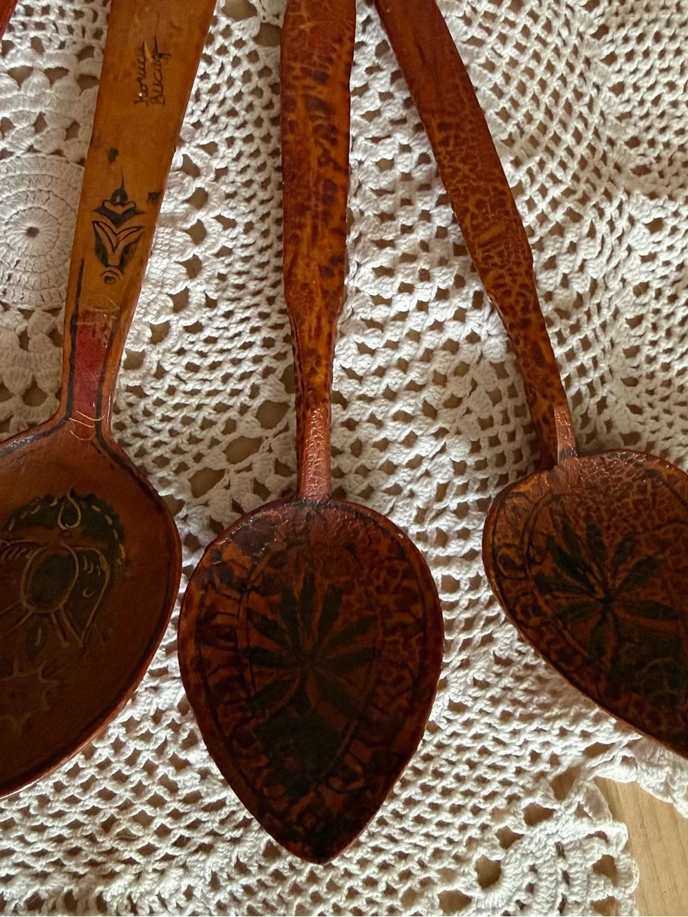 Vintage Scandanavian Folk Hand Painted and Carved Wooden Primitive Spoons
